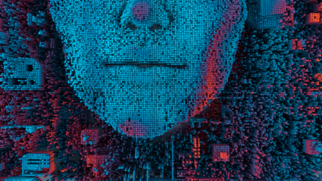 Un volto disegnato con pixel blu molto visibili. Rappresenta l'intelligenza artificiale ChatGPT