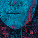 Un volto disegnato con pixel blu molto visibili. Rappresenta l'intelligenza artificiale ChatGPT